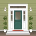 House door front with doorstep and mat, steps, window, lamp, flowers in pot, building entry facade, exterior entrance design