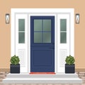 House door front with doorstep and mat, steps, window, lamp, flowers in pot, building entry facade, exterior entrance design Royalty Free Stock Photo