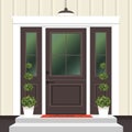 House door front with doorstep and mat, steps, window, lamp, flowers in pot, building entry facade, exterior entrance design Royalty Free Stock Photo