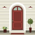 House door front with doorstep and mat, window, lamp, flowers in pots, building entry facade, exterior entrance design Royalty Free Stock Photo