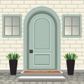 House door front with doorstep and steps, lamp, flowers in pots, building entry facade, exterior entrance with brick wall design