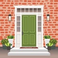House door front with doorstep and steps, lamp, flowers in pots, building entry facade, exterior entrance with brick wall design