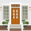 House door front with doorstep and steps porch, window, lamp, flowers in pot, building entry facade, exterior entrance design Royalty Free Stock Photo