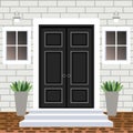 House door front with doorstep and steps porch, window, lamp, flowers in pot, building entry facade, exterior entrance design Royalty Free Stock Photo