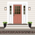 House door front with doorstep and steps porch, window, lamp, flowers in pot, building entry facade, exterior entrance design Royalty Free Stock Photo