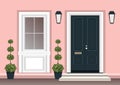 House door front with doorstep and steps porch, window, lamp, flowers in pot, building entry facade, exterior entrance design Royalty Free Stock Photo