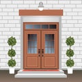 House door front with doorstep and steps porch, window, lamp, flowers in pot, building entry facade, exterior entrance design