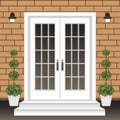 House door front with doorstep and steps porch, window, lamp, flowers in pot, building entry facade, exterior entrance design Royalty Free Stock Photo