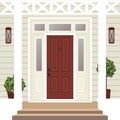 House door front with doorstep and steps, window, lamp, flowers in pot, building entry facade, exterior entrance design Royalty Free Stock Photo