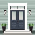 House door front with doorstep and steps, window, lamp, flowers in pot, building entry facade, exterior entrance design Royalty Free Stock Photo