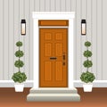 House door front with doorstep and steps, window, lamp, flowers in pot, building entry facade, exterior entrance design