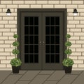 House door front with doorstep and window, lamp, flowers, building entry facade, exterior entrance with brick wall design