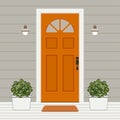 House door front with window and plants flat style, building entry facade design illustration vector