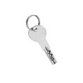 House door lock key with ring on white background isolated close up, single silver metal key and keyring, one steel key, home safe Royalty Free Stock Photo