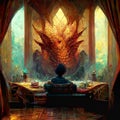 House of dragon. The woman sits at a table in a dragon skin house.