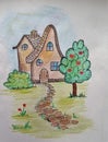 house drawing picture color pencil drawing fairytale house fairy house Vacation home Royalty Free Stock Photo