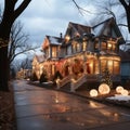 House on a Dull Evening Lit Up with Christmas Lights, American Suburban House Royalty Free Stock Photo