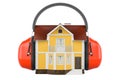 House with ear defenders. Protection against noise, concept. 3D rendering