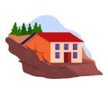 House on edge of cliff. Home in danger of falling due to erosion. Risky real estate location vector illustration Royalty Free Stock Photo