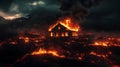 A house engulfed in flames with smoke billowing into the night sky Royalty Free Stock Photo