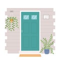 House entrance decorated with potted plants. Closed front door to apartment. Vector illustration Royalty Free Stock Photo