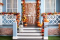 House entrance staircase decorated for autumn holidays, fall flowers and pumpkins. Cozy wooden porch of the house with pumpkins in Royalty Free Stock Photo