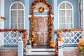 House entrance staircase decorated for autumn holidays, fall flowers and pumpkins. Royalty Free Stock Photo