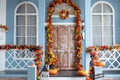 House entrance staircase decorated for autumn holidays, flowers and pumpkins. wooden porch of the house with pumpkins Royalty Free Stock Photo