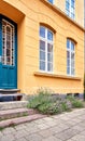 House entrance with stone stairs, old wooden door and lavender Royalty Free Stock Photo