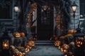 The house entrance is traditionally decorated with cut out jack-o\'-lanterns and lights for Halloween celebrations, generative AI