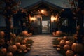 The house entrance is traditionally decorated with cut out jack-o\'-lanterns and lights for Halloween celebrations, generative AI