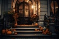 The house entrance is traditionally decorated with cut out jack-o\'-lanterns and lights for Halloween celebrations, generative AI