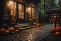 The house entrance is traditionally decorated with cut out jack-o\'-lanterns and lights for Halloween celebrations, generative AI