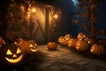 The house entrance is traditionally decorated with cut out jack-o\'-lanterns and lights for Halloween celebrations, generative AI