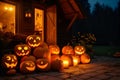 The house entrance is traditionally decorated with cut out jack-o\'-lanterns and lights for Halloween celebrations, generative AI