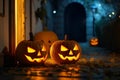 The house entrance is traditionally decorated with cut out jack-o\'-lanterns and lights for Halloween celebrations, generative AI