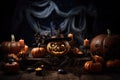 The house entrance is traditionally decorated with cut out jack-o\'-lanterns and lights for Halloween celebrations