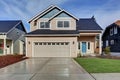 House exterior. American beige house with green grass.