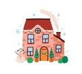House exterior with decor at Christmas time. Outside cozy home in winter with snowman, Xmas lights, fir trees, wreath Royalty Free Stock Photo