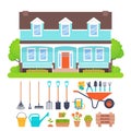 House exterior, garden tools set. Vector illustration.