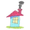 House exterior isolated on white background. Drawings of houses. Child`s hand drawn pastel chalk. Children drawing vector Royalty Free Stock Photo