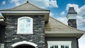 Home House Maison New Cedar Roof Exterior View Cumulus Sky Background