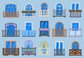 House facade balconies. Balcony, terrace fencing, house architecture facade balconies isolated vector illustration set