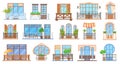 House facade balconies. Cartoon balcony with window apartment building, old wooden railing vintage europe architecture