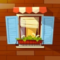 House facade cartoon illustration of old apartments window shutters and flowerpot outside view Royalty Free Stock Photo
