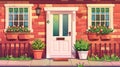 House facade with red brick wall, window, door, and flowers in pots. Modern cartoon illustration showing suburban house Royalty Free Stock Photo