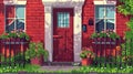 House facade with red brick wall, window, and door. Modern illustration of a suburban house exterior with fence and Royalty Free Stock Photo