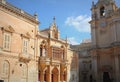 House facade at St. Pauls`s Square and St. Paul`s Cathedral in Mdina, Malta