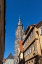 House facade and tower of the Moritz church in Coburg Royalty Free Stock Photo
