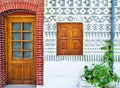 House facade with traditional geometrical black and white decorative shapes, at Pyrgi village, Chios island Greece Royalty Free Stock Photo